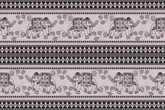 Beige elephant flower pattern ,concept for element pants design,elephant pattern Seamless design.Thai patterns for fabrics media printed, Ikat elephant with border in traditional thai ethnic pattern.