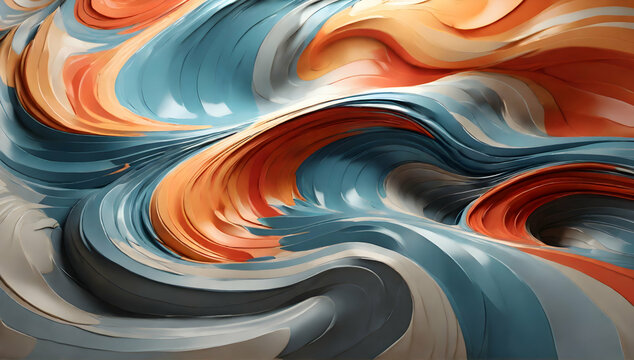 Colorful abstract artwork with swirling patterns of blue, orange, and white. Background, shiny and finely polished wallpaper.