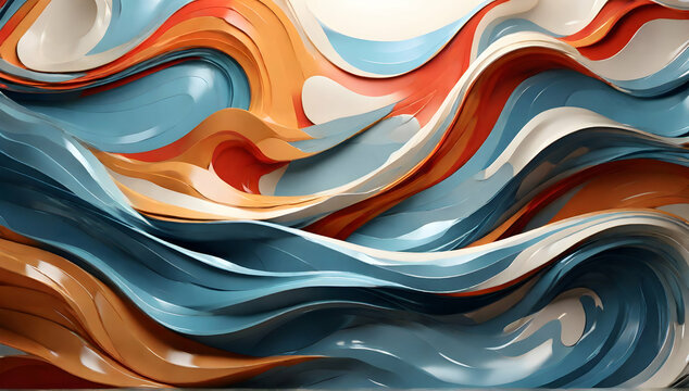 Colorful abstract artwork with swirling patterns of blue, orange, and white. Background, shiny and finely polished wallpaper.