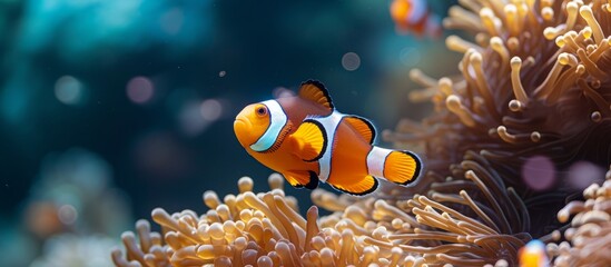 Vibrant clown fish exploring colorful sea anemone in lively underwater ecosystem