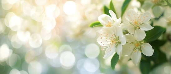 Fototapeta na wymiar Delicate white flowers blooming on a softly blurred background in a serene garden setting