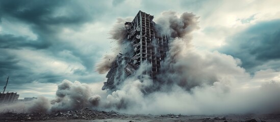 A massive building is being torn down, releasing clouds of smoke into the sky. It is a stark contrast against the natural landscape and water nearby - obrazy, fototapety, plakaty