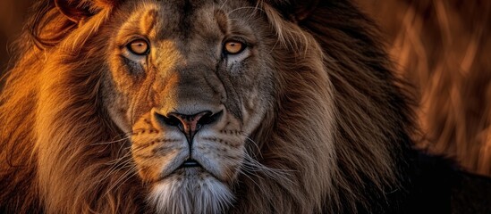 A stunning close up of a majestic lion, highlighting its regal charm and intense gaze, against a blurry background.
