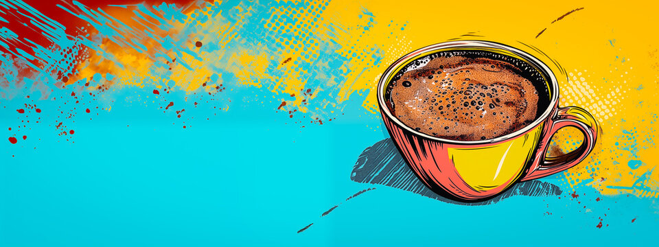 Cup of coffee on color splash background. Copy space, top view, flat lay, panorama by Vita. Teal, yellow, pink, green, wide illustration with photo collage 