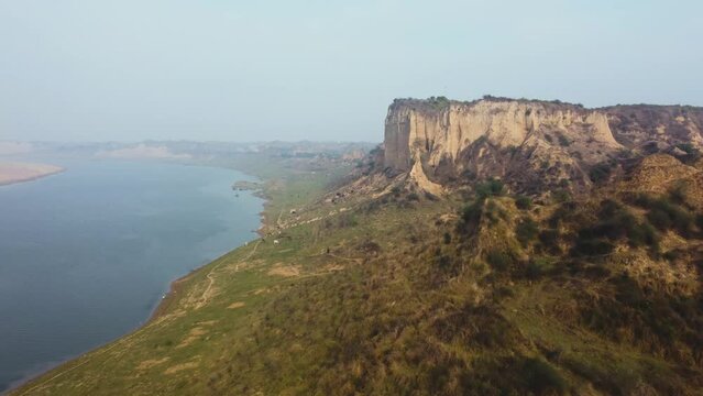Aerial drone shot of sand and clay Hills of Chambal River Valley with semi arid moor landscape in Beehad of Morena Dholpur of Madhya Pradesh Rajasthan of India