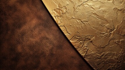 Textured Background Divided into Distinct Halves with a Curved Diagonal Division - Rough and Resembles Brown Leather Surface Smooth and Metallic Gold Sheen Fabric created with Generative AI Technology