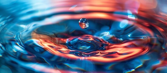 Close up of a single drop of liquid in a glass, resembling an electric blue petal. The fluid forms a perfect circle, creating a mesmerizing piece of art