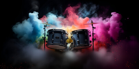 Drum set in smoke on a stage  close-up The drum kit is illuminated by neon light reflected on the glossy floor 3D Render Beautiful blue and red background with rays of light black background. - Powered by Adobe