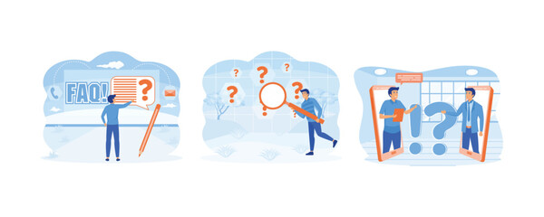 Sending customer support a question. Man holding magnifying glass and looking through it at interrogation points. Frequently asked questions. Set flat vector modern illustration 