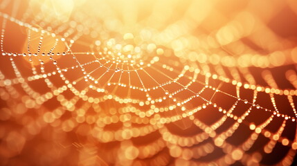 The morning sun casts a golden radiance over a spider's web, each delicate strand adorned with sparkling dewdrops.