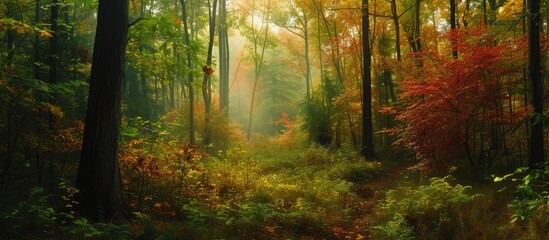 This photo showcases a diverse and colorful forest filled with numerous tall trees.