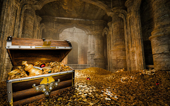 Treasury hall. treasure trove of gold coins And chests and treasure boxes pile up. Treasuries, kingdoms and castles. The concept of finding lost ancient treasures. 3d rendering image.
