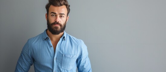 A man with a full beard is wearing a blue dress shirt with rolled-up sleeves, standing in front of a gray wall. He has eyewear on, and his hands are gesturing confidently. - obrazy, fototapety, plakaty