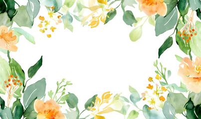 imagine a watercolor wedding frame with small green leaves and orange yellow flowers, Generative AI
