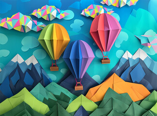 Folded origami landscape of three bright and colorful hot air balloons flying over mountains.