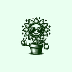 retro art style cool mascot sun flower in pot vector illustration