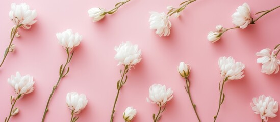 Beautiful white tulips blooming on elegant pink background in spring garden