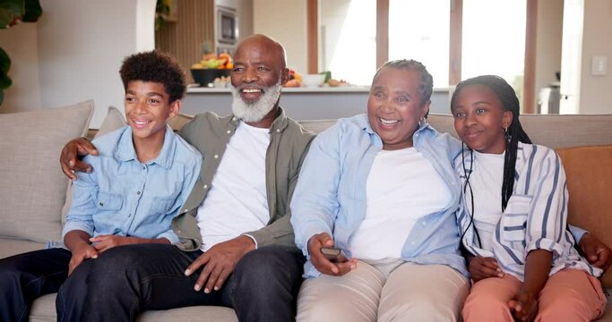 Grandparents, children and remote for switching channels on television, relaxing and laughing at home. Black family, streaming movie or watching online, internet connection and subscription to news