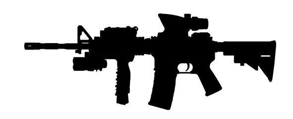 Silhouette image of AR assault rifle weapon with red dot sign and accessories isolated on white background - obrazy, fototapety, plakaty