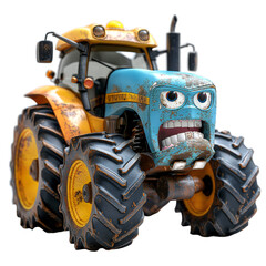 An angry farm tractor. Cartoon character, caricature, funny. PNG Image on a transparent background