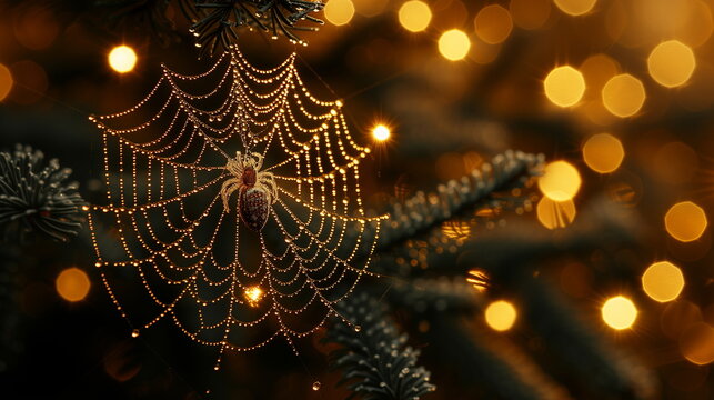 A spider web adorned with golden dewdrops glows against a festive backdrop.