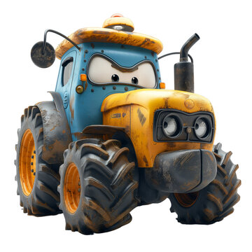 An angry farm tractor. Cartoon character, caricature, funny. PNG Image on a transparent background