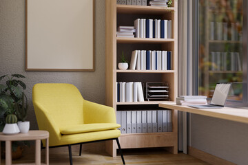 A modern living room with a yellow armchair, a wooden bookshelf, and a table against the window.