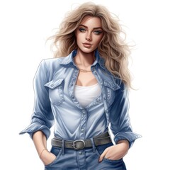Beautiful woman model in blue denim shirt and jeans