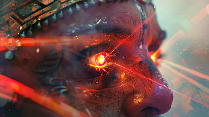 Mysterious shaman channeling ancient spirits eyes emitting intense laser beams