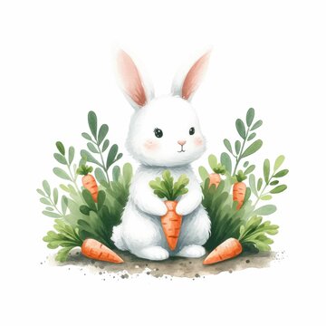 recommend clip art: Easter Bunny with a garden full of carrots. watercolor illustration. easter day season clipart.