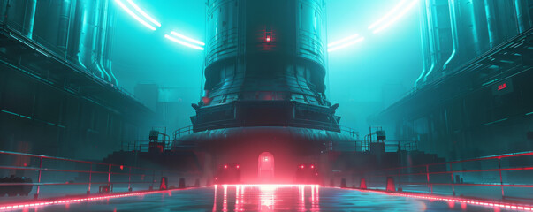 Nuclear reactor glowing with neon light a beacon of power and danger - obrazy, fototapety, plakaty