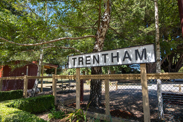 The sign of Trentham at the historic railway station. Trentham is a small town in regional Victoria, Australia.