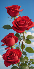 The roses are beautiful and look fresh against the view of the bright blue sky.