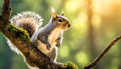 Curious squirrel on a tree branch - obrazy, fototapety, plakaty