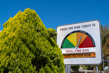 A sign of updating fire danger rating with the arrow pointing at 'extreme',  each rating levels...