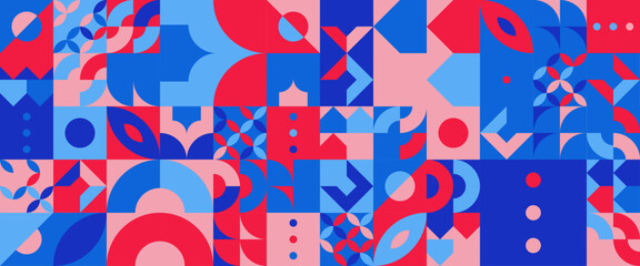 Pink red and blue vector illustration geometric minimal pattern mosaic. Simple circle shapes, modern banner vector design. For web design, business presentation, website header, invitation background