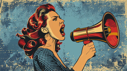 Vintage woman shouting into megaphone, retro propaganda style illustration, perfect for posters, marketing, and activism campaigns