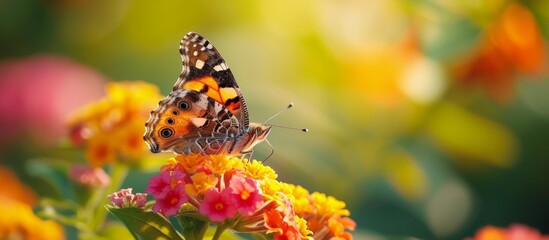Vibrant butterfly perching on a colorful blooming flower in a natural garden setting