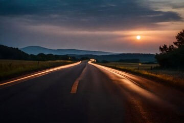 Evening light, a flat, large asphalt road stunning sky at twilight. High quality photo