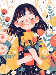 Illustration of a girl holding flowers on Women's Day, concept illustration of a woman holding a bouquet of flowers