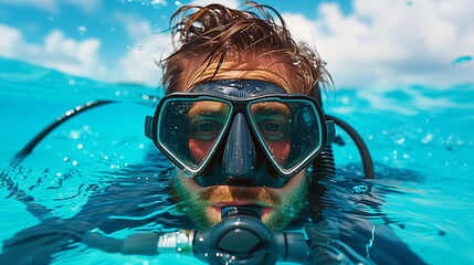Scuba diver submerged in water, wearing a diving mask and snorkel, looking at the camera.