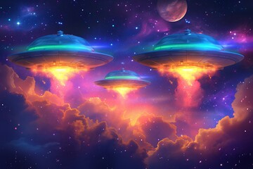 UFO spaceship alien craft illustration, space alien flying saucer concept illustration