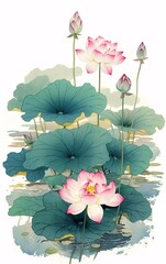 Illustration of lotus in the pond during the Beginning of Summer