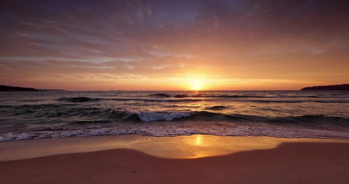 Beautiful exotic island beach shore at sunrise, concept for tropical vacations and best summer destinations