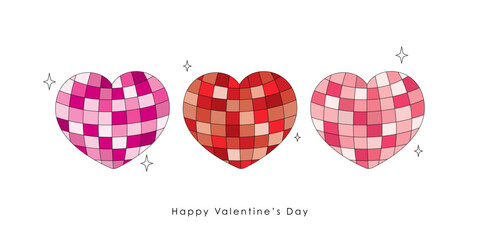 Happy Valentine's Day greeting card with super cute disco ball in heart shaped. Love holidays banner in retro style.
