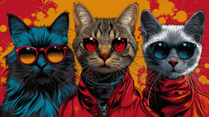 Koty w okularach w stylu pop art - obrazy, fototapety, plakaty