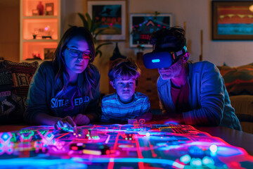 A family game night featuring augmented reality games with virtual neon landscapes projected around the living room