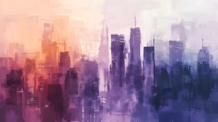Dreamy Abstract Cityscape in Purple and Orange Hues with Brush Stroke Textures