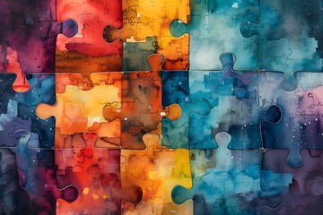 Colorful Abstract Jigsaw Puzzle Pieces with Watercolor Effect - obrazy, fototapety, plakaty