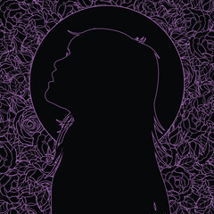 Abstract, Playful, Spiritual, Purple Violet Color Of Beautiful Women Silhouette With Roses And Moon Outline Line Art